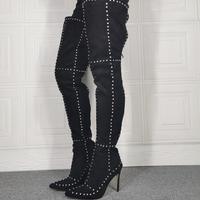 Black Pointed Rivet Stiletto Heel Stretch Women's Boots - Thumbnail 2