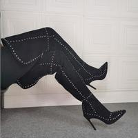 Black Pointed Rivet Stiletto Heel Stretch Women's Boots - Thumbnail 3