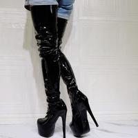 Black High-heeled Patent Leather Over-the-knee Women's Boots - Thumbnail 1