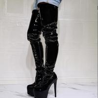 Black High-heeled Patent Leather Over-the-knee Women's Boots - Thumbnail 3