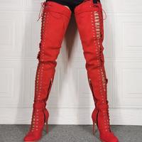 Red Round Toe Strap Stiletto High-heeled Stretch Women's Boots - Thumbnail 2