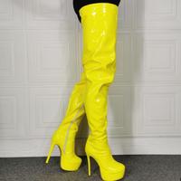 Yellow High-heeled Patent Leather Sexy Over-the-knee Women's Boots - Thumbnail 3
