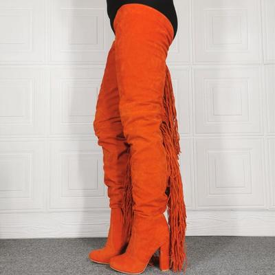 Orange thick high heel pointed toe fringed over-the-knee women's long boots