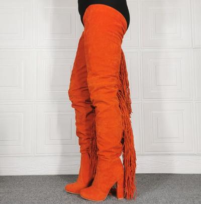 Orange Thick High Heel Pointed Toe Fringed Over-the-knee Women's Long Boots