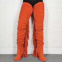 Orange Thick High Heel Pointed Toe Fringed Over-the-knee Women's Long Boots - Thumbnail 1