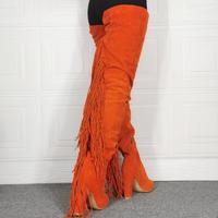 Orange Thick High Heel Pointed Toe Fringed Over-the-knee Women's Long Boots - Thumbnail 2