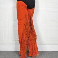 Orange Thick High Heel Pointed Toe Fringed Over-the-knee Women's Long Boots - Thumbnail 3