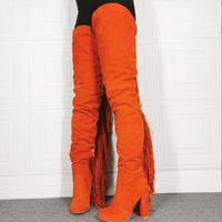 Orange Thick High Heel Pointed Toe Fringed Over-the-knee Women's Long Boots - Thumbnail 4