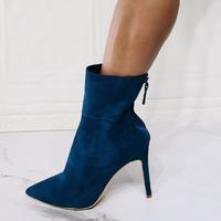 Navy Pointed Toe Fashion Super High Heel Women's Short Boots - Thumbnail 1