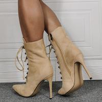 Pointed toe lace-up fashion super high heel women's ankle boots - Thumbnail 2
