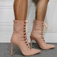 Apricot Pointed Toe Lace-up Fashion Super High Heel Women's Ankle Boots - Thumbnail 1