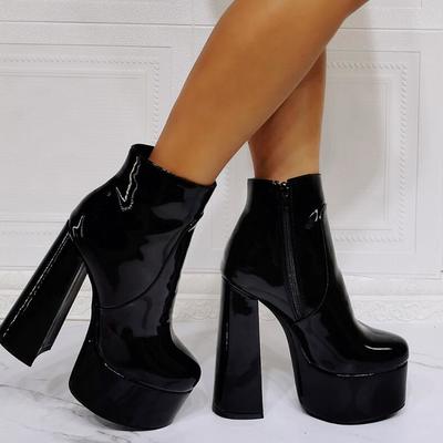 Black patent leather thick heel high heel women's short boots