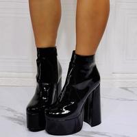 Black Patent Leather Thick Heel High Heel Women's Short Boots - Thumbnail 2