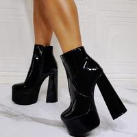 Black Patent Leather Thick Heel High Heel Women's Short Boots - Thumbnail 1