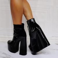 Black Patent Leather Thick Heel High Heel Women's Short Boots - Thumbnail 3