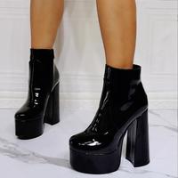 Black Patent Leather Thick Heel High Heel Women's Short Boots - Thumbnail 4