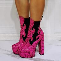 Fashion Snake Print Waterproof Platform Flame Thick Heel Women's Short Boots - Thumbnail 3