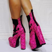 Fashion Snake Print Waterproof Platform Flame Thick Heel Women's Short Boots - Thumbnail 4