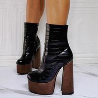 Fashion High-heeled Wood Grain Water Platform Thick-heeled Women's Short Boots - Thumbnail 1