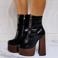 Fashion High-heeled Wood Grain Water Platform Thick-heeled Women's Short Boots - Thumbnail 4