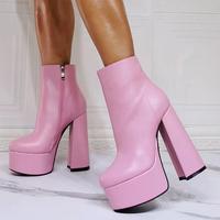 Pink Thick-heeled Fashion High-heeled Women's Short Boots - Thumbnail 1