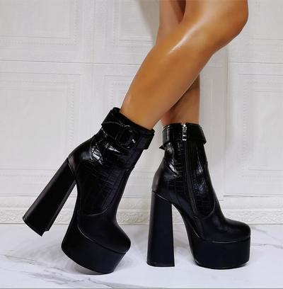 Black Stone Pattern Thick Heel Fashion High-heeled Women's Short Boots