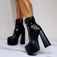 Black Stone Pattern Thick Heel Fashion High-heeled Women's Short Boots - Thumbnail 3