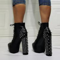 Black Rivet Thick Heel Lace High Heel Women's Ankle Boots - Thumbnail 2