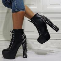 Black Rivet Thick Heel Lace High Heel Women's Ankle Boots - Thumbnail 1