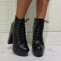 Black Rivet Thick Heel Lace High Heel Women's Ankle Boots - Thumbnail 4