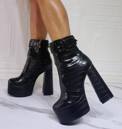 Black Snake Pattern Water Platform Thick Heel High Heel Women's Ankle Boots