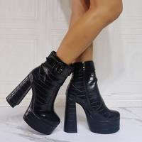 Black Snake Pattern Water Platform Thick Heel High Heel Women's Ankle Boots - Thumbnail 1