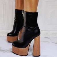 Black Wood Grain Thick Heel High Heel Women's Ankle Boots - Thumbnail 1