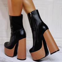 Black Wood Grain Thick Heel High Heel Women's Ankle Boots - Thumbnail 2