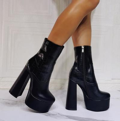 Black thick-heeled fashion high-heeled women's short boots