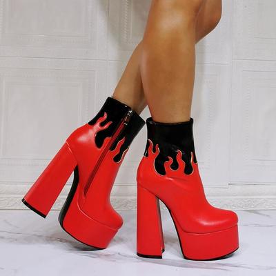 Red fashion thick heel ankle boots