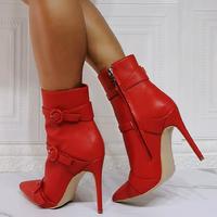 Red Leather Buckle Side Zipper Fashion Super High Heel Women's Ankle Boots - Thumbnail 2