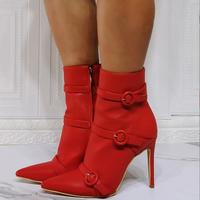 Red Leather Buckle Side Zipper Fashion Super High Heel Women's Ankle Boots - Thumbnail 4