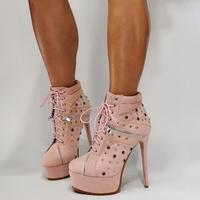 Pink Rivet Lace-up Fashion Super High Heel Women's Short Boots - Thumbnail 1