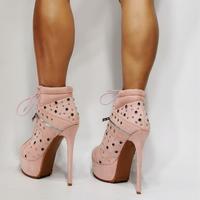 Pink Rivet Lace-up Fashion Super High Heel Women's Short Boots - Thumbnail 3