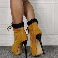 Yellow Lace-up Fashion Super High Heel Women's Short Boots - Thumbnail 2