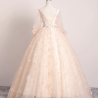 Pink v neck tulle long prom dress A line evening gown - Thumbnail 4