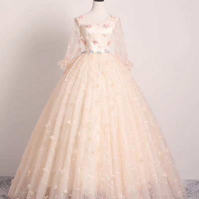 Pink v neck tulle long prom dress a line evening gown