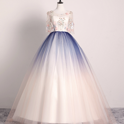Cute tulle lace long prom dress a line evening dress - Thumbnail 2