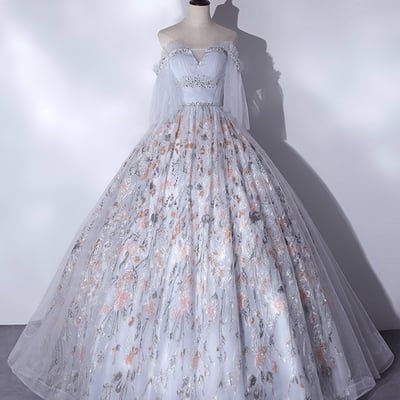 Gray tulle lace long prom dress a line evening gown - Thumbnail 3