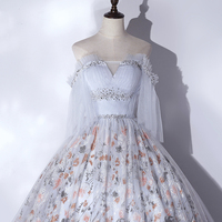 Gray tulle lace long prom dress A line evening gown - Thumbnail 1