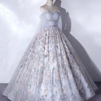 Gray tulle lace long prom dress A line evening gown - Thumbnail 3