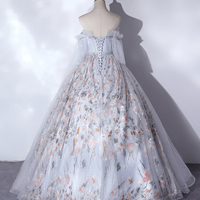 Gray tulle lace long prom dress A line evening gown - Thumbnail 4