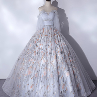 Gray tulle lace long prom dress A line evening gown - Thumbnail 5