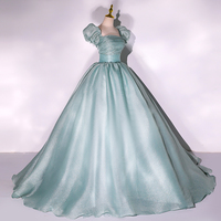Green tulle long ball gown dress A line formal gown - Thumbnail 2